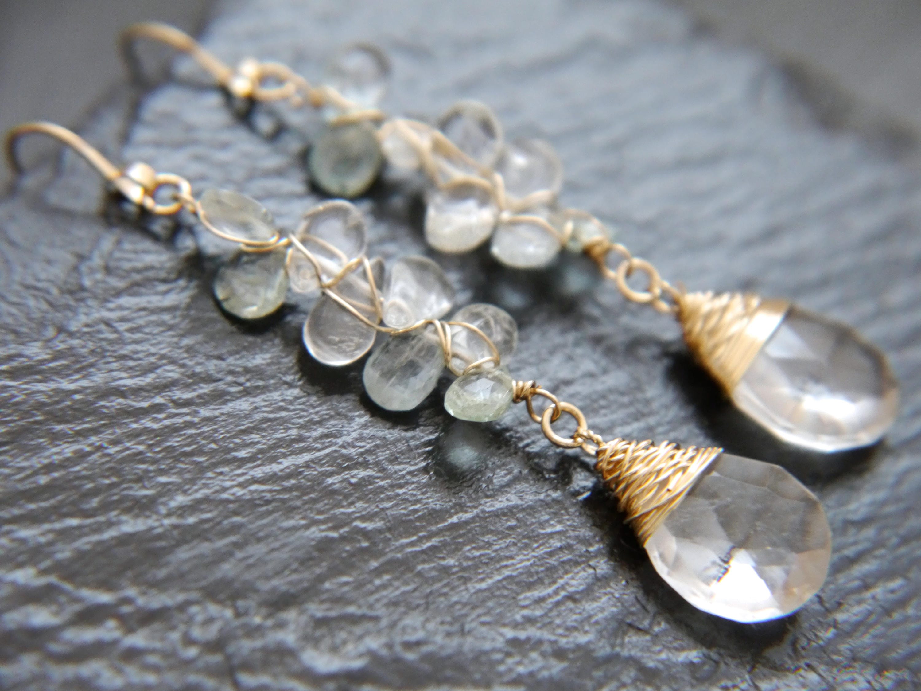 Aquamarine Teardrop Long Dangle Floral Gemstone Earrings, 14K Gold Filled  Botanical