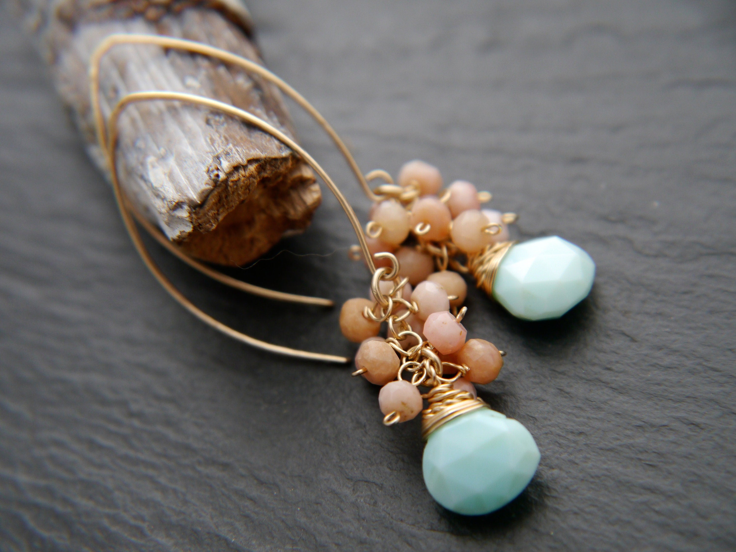 Pink Blue Opal Floral Cluster Gemstone Earrings, 14K Gold Filled Nature Inspired