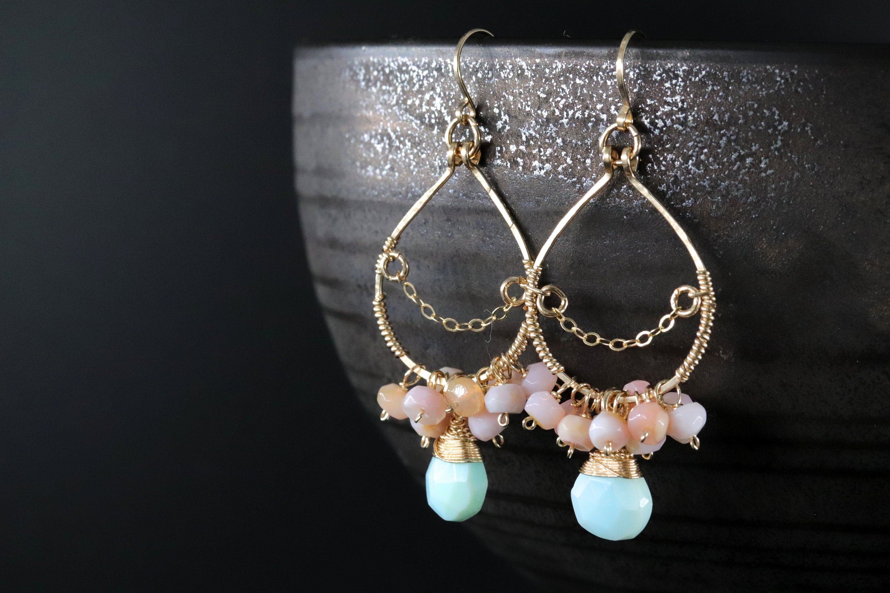 Pink Opal Amazonite Floral Chandelier, Gemstone Earrings, 14K Gold Filled Bohemian Bridal Jewelry