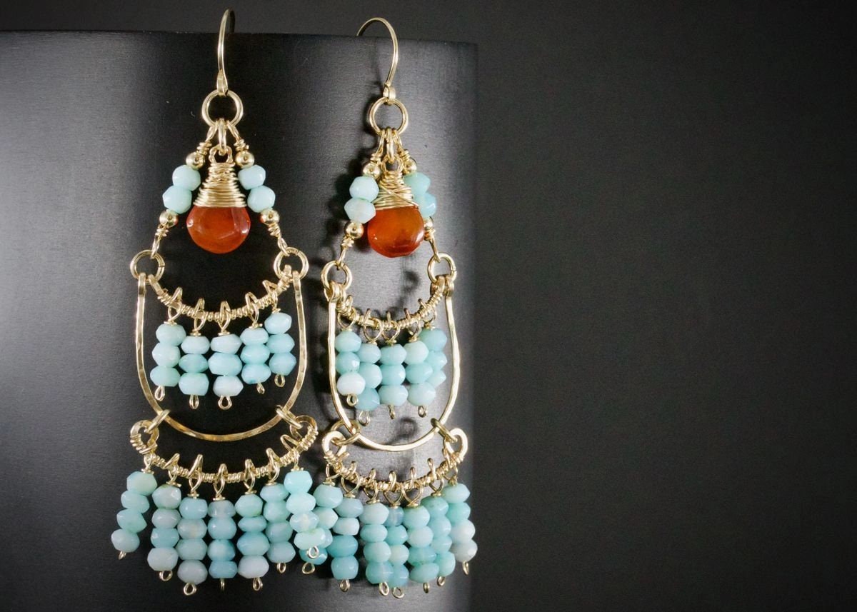 Carnelian Amazonite Chandelier Fringe Gemstone Earrings, 14K Gold Filled Unique Boho