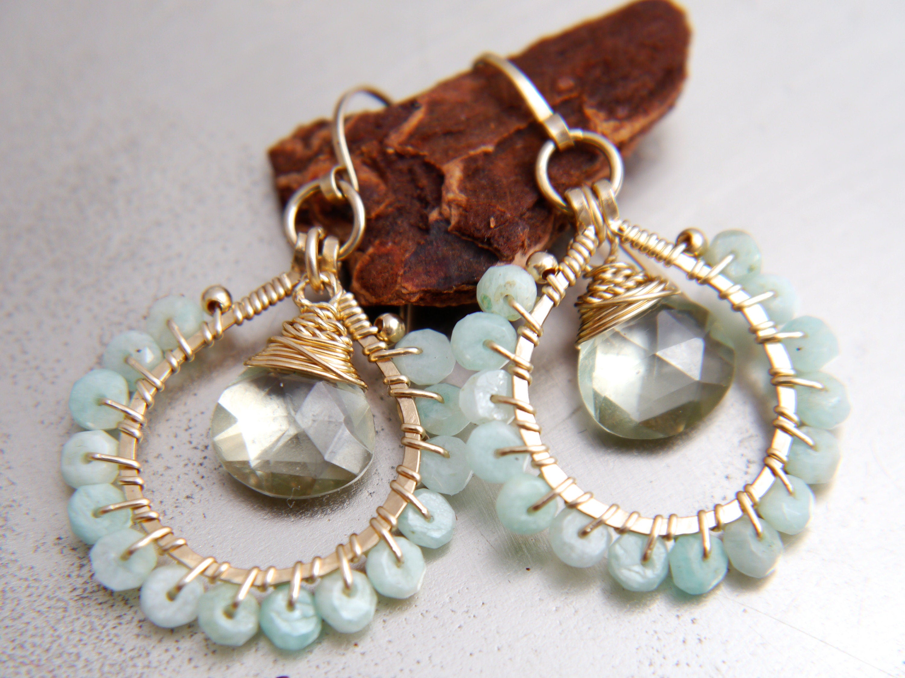 Amazonite Green Amethyst Hoop Earrings, 14K Gold Filled Gemstone Hoops, February Birthstone