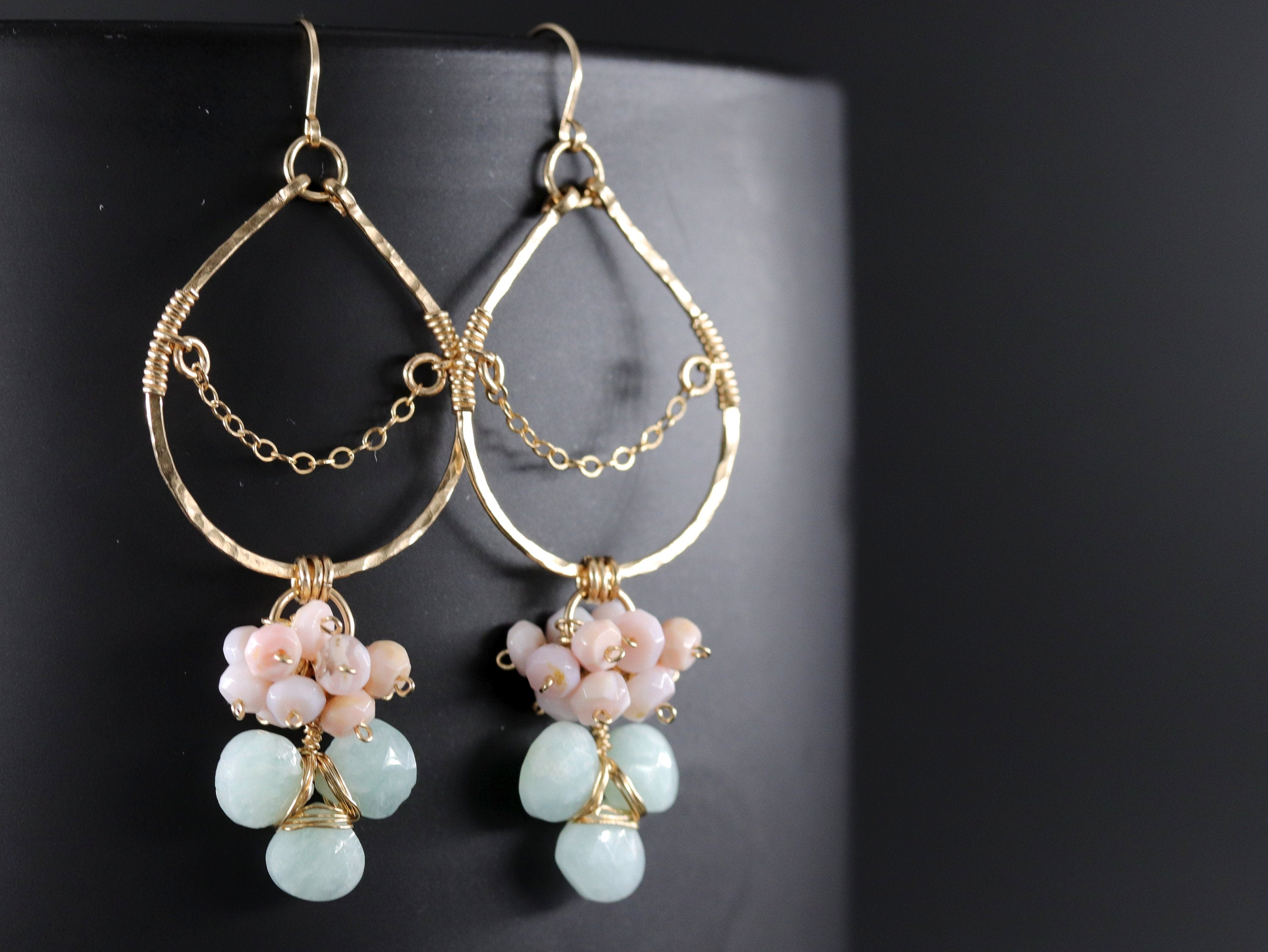 Pink Opal Amazonite Floral Chandelier Gemstone Earrings, 14K Gold Filled Botanical Wedding