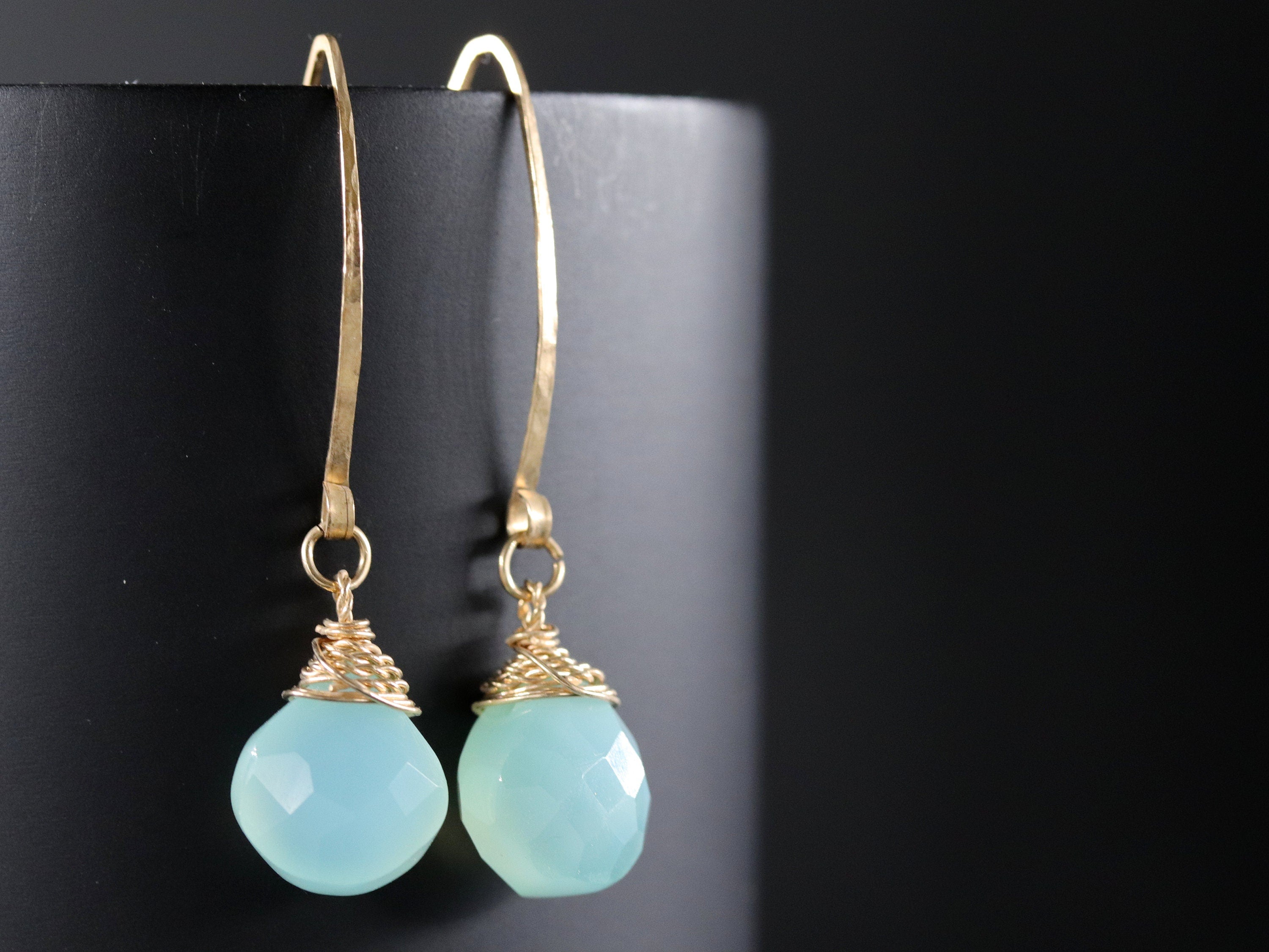 Aqua Chalcedony Heart Briolette Long Hoop Gemstone Earrings, 14K Gold Filled Something Blue